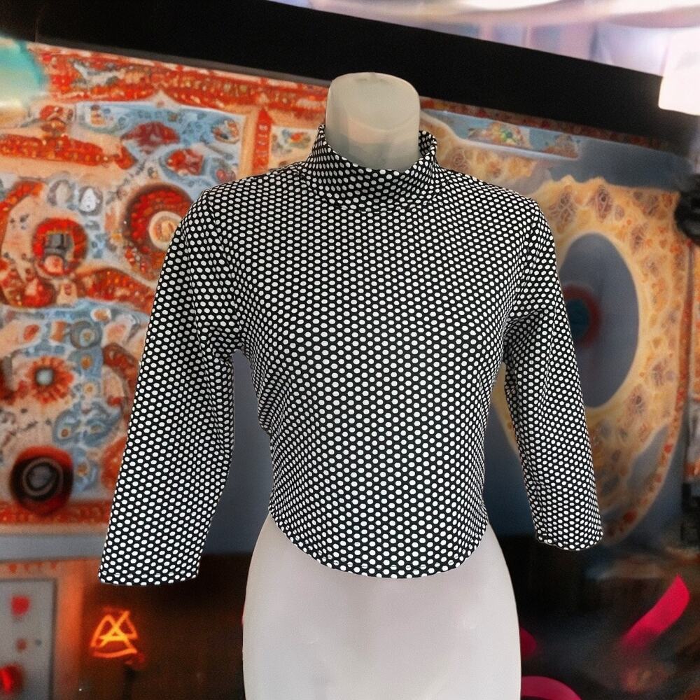 Mock Turtleneck Crop Top Black and White Polkadot 3/4 Sleeve Mod Style Size L